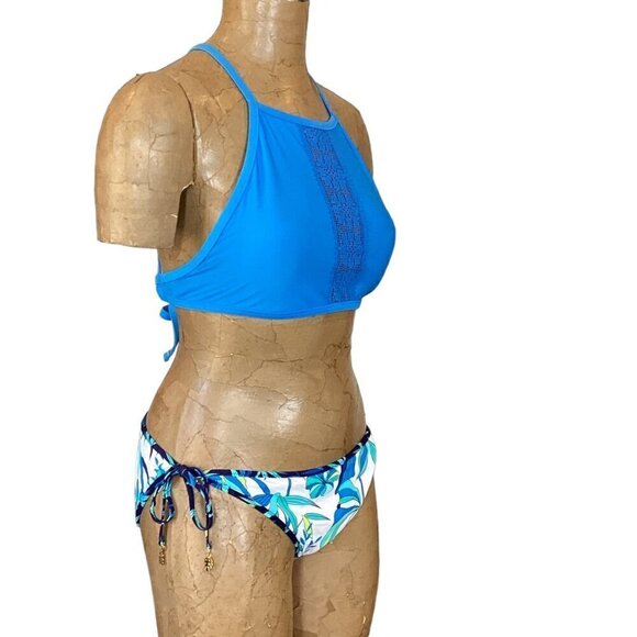 Aerie High Neck Halter Top L & Reversible String Bikini Bottom Blue White 291C - Picture 8 of 13
